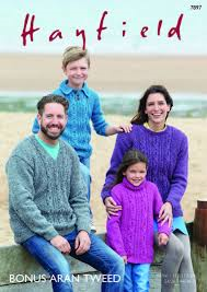 Hayfield 7897 Knitted Sweaters in Hayfield Bonus Aran Tweed (#4) weight yarn. For children and adults from 24"/26" to 44"/46".